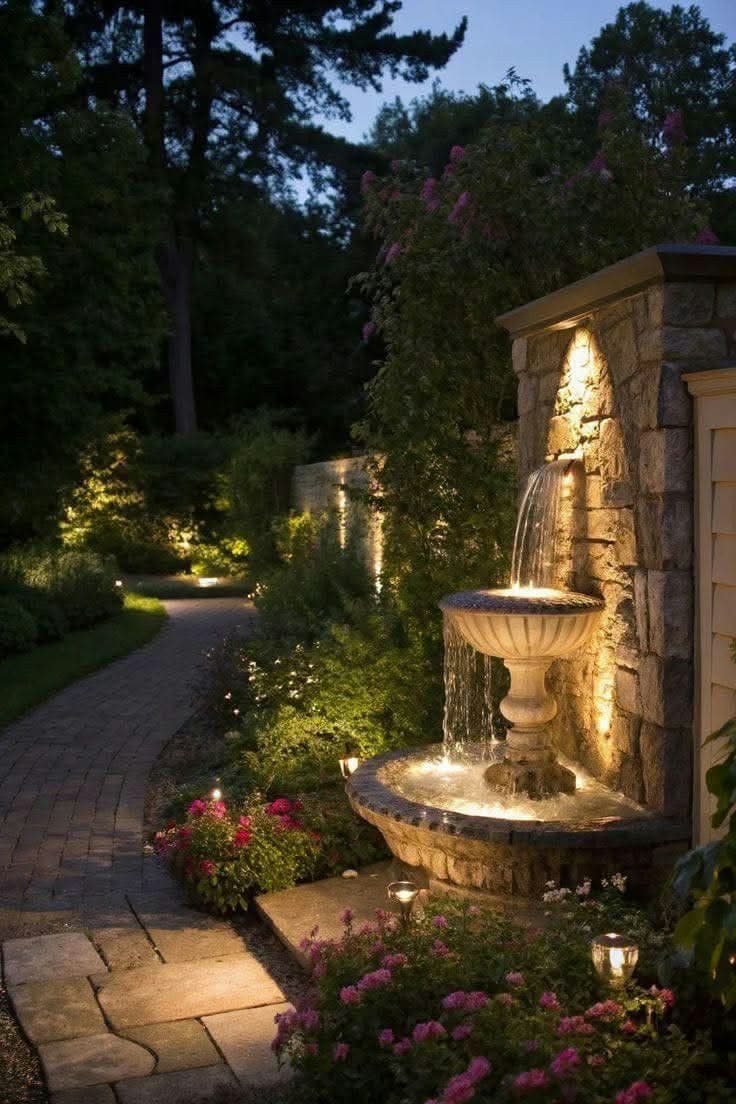 Stone fountain at twilight, lit garden path